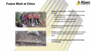 Future Work at Chico
• Project is drill ready – drilling permits have been
obtained
– Along strike and to depth near previous high
grade intercepts
– Soil/rock geochemical anomalies
– intersecting mineralized vectors
• IP Geophysical surveys to help refine identify
additional targets
• Follow up 2016 geochemical anomalies in context
of new structural interpretation and geophysical
data
• Continued prospecting, geochemical surveys
and mapping
 