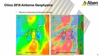 Chico 2016 Airborne Geophysics
• Effective in delineating diorite/gabbro lithology
Total Magnetics Vertical Gradient Magnetics
19
 