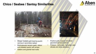 Chico / Seabee / Santoy Similarities
• Shear hosted gold bearing quartz
veining in secondary splays
• Multi-episodic tension gash, ribbon
and sheeted quartz vein arrays
• Gabbro and granite host rocks
• Positive gold, copper and silver
geochemical associations
• Potassic, carbonate, hematite, calc-
silicate and silica alteration
22
 