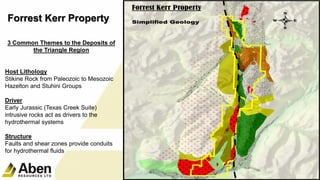 10
3 Common Themes to the Deposits of
the Triangle Region
Host Lithology
Stikine Rock from Paleozoic to Mesozoic
Hazelton and Stuhini Groups
Driver
Early Jurassic (Texas Creek Suite)
intrusive rocks act as drivers to the
hydrothermal systems
Structure
Faults and shear zones provide conduits
for hydrothermal fluids
Forrest Kerr Property
 