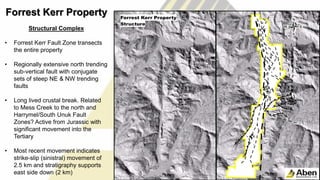 11
Structural Complex
• Forrest Kerr Fault Zone transects
the entire property
• Regionally extensive north trending
sub-vertical fault with conjugate
sets of steep NE & NW trending
faults
• Long lived crustal break. Related
to Mess Creek to the north and
Harrymel/South Unuk Fault
Zones? Active from Jurassic with
significant movement into the
Tertiary
• Most recent movement indicates
strike-slip (sinistral) movement of
2.5 km and stratigraphy supports
east side down (2 km)
Forrest Kerr Property
 