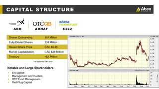 4
Shares Outstanding 110 Million
Fully Diluted Shares 133 Million
Recent Share Price CAD $0.25
Market Capitalization CAD $28 Million
Treasury ~$7 Million
Notable and Large Shareholders:
▲ Eric Sprott
▲ Management and Insiders
▲ OTP Fund Management
▲ Red Plug Capital
* At September 18th, 2018
ABN ABNAF E2L2
CAPITAL STRUCTURE
 