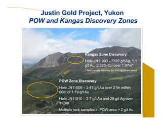 Kangas Zone Discovery:
Hole JN11003 - 7320 g/t Ag, 1.1
g/t Au, 3.52% Cu over 1.07m*
* Poor sample recovery but still significant result
Kangas Zone Discovery:
Hole JN11003 - 7320 g/t Ag, 1.1
g/t Au, 3.52% Cu over 1.07m*
* Poor sample recovery but still significant result
POW Zone Discovery:
Hole JN11009 – 2.47 g/t Au over 21m within
60m of 1.19 g/t Au
Hole JN11010 – 2.7 g/t Au and 29 g/t Ag over
11.3m
Multiple rock samples in POW area > 2 g/t Au
POW Zone Discovery:
Hole JN11009 – 2.47 g/t Au over 21m within
60m of 1.19 g/t Au
Hole JN11010 – 2.7 g/t Au and 29 g/t Ag over
11.3m
Multiple rock samples in POW area > 2 g/t Au
Justin Gold Project, Yukon
POW and Kangas Discovery Zones
Justin Gold Project, Yukon
POW and Kangas Discovery Zones
 