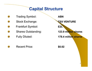 3
Capital StructureCapital Structure
Trading Symbol: ABN
Stock Exchange: TSX VENTURE
Frankfurt Symbol: E2L
Shares Outstanding: 123.9 million shares
Fully Diluted: 178.4 million shares
Recent Price: $0.02
Trading Symbol: ABN
Stock Exchange: TSX VENTURE
Frankfurt Symbol: E2L
Shares Outstanding: 123.9 million shares
Fully Diluted: 178.4 million shares
Recent Price: $0.02
 