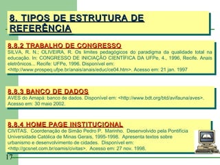 8. TIPOS DE ESTRUTURA DE
 8. TIPOS DE ESTRUTURA DE
 REFERÊNCIA
 REFERÊNCIA
8.8.2 TRABALHO DE CONGRESSO
8.8.2 TRABALHO DE CONGRESSO
SILVA, R. N.; OLIVEIRA, R. Os limites pedagógicos do paradigma da qualidade total na
 SILVA, R. N.; OLIVEIRA, R. Os limites pedagógicos do paradigma da qualidade total na
educação. In: CONGRESSO DE INICIAÇÃO CIENTÍFICA DA UFPe, 4., 1996, Recife. Anais
 educação. In: CONGRESSO DE INICIAÇÃO CIENTÍFICA DA UFPe, 4., 1996, Recife. Anais
eletrônicos... Recife: UFPe, 1996. Disponível em:
 eletrônicos... Recife: UFPe, 1996. Disponível em:
<http://www.prospeq.ufpe.br/anais/anais/educ/ce04.htm>. Acesso em: 21 jan. 1997
 <http://www.prospeq.ufpe.br/anais/anais/educ/ce04.htm>. Acesso em: 21 jan. 1997



8.8.3 BANCO DE DADOS
8.8.3 BANCO DE DADOS
AVES do Amapá: banco de dados. Disponível em: <http://www.bdt.org/btd/avifauna/aves>.
 AVES do Amapá: banco de dados. Disponível em: <http://www.bdt.org/btd/avifauna/aves>.
Acesso em: 30 maio 2002.
 Acesso em: 30 maio 2002.


8.8.4 HOME PAGE INSTITUCIONAL
8.8.4 HOME PAGE INSTITUCIONAL
CIVITAS. Coordenação de Simão Pedro P. Marinho. Desenvolvido pela Pontifícia
 CIVITAS. Coordenação de Simão Pedro P. Marinho. Desenvolvido pela Pontifícia
Universidade Católica de Minas Gerais, 1995-1998. Apresenta textos sobre
 Universidade Católica de Minas Gerais, 1995-1998. Apresenta textos sobre
urbanismo eedesenvolvimento de cidades. Disponível em:
 urbanismo desenvolvimento de cidades. Disponível em:
<http://gcsnet.com.br/oamis/civitas>. Acesso em: 27 nov. 1998.
 <http://gcsnet.com.br/oamis/civitas>. Acesso em: 27 nov. 1998.
17
 