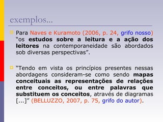 exemplos...
 Para Naves e Kuramoto (2006, p. 24, grifo nosso)
“os estudos sobre a leitura e a ação dos
leitores na contemporaneidade são abordados
sob diversas perspectivas”.
 “Tendo em vista os princípios presentes nessas
abordagens consideram-se como sendo mapas
conceituais as representações de relações
entre conceitos, ou entre palavras que
substituem os conceitos, através de diagramas
[...]” (BELLUZZO, 2007, p. 75, grifo do autor).
 