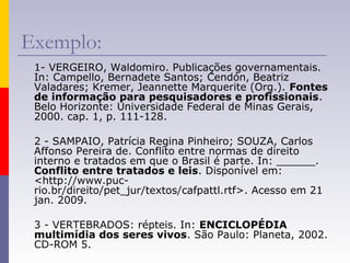 Exemplo:
1- VERGEIRO, Waldomiro. Publicações governamentais.
In: Campello, Bernadete Santos; Cendón, Beatriz
Valadares; Kremer, Jeannette Marquerite (Org.). Fontes
de informação para pesquisadores e profissionais.
Belo Horizonte: Universidade Federal de Minas Gerais,
2000. cap. 1, p. 111-128.
2 - SAMPAIO, Patrícia Regina Pinheiro; SOUZA, Carlos
Affonso Pereira de. Conflito entre normas de direito
interno e tratados em que o Brasil é parte. In: ______.
Conflito entre tratados e leis. Disponível em:
<http://www.puc-
rio.br/direito/pet_jur/textos/cafpattl.rtf>. Acesso em 21
jan. 2009.
3 - VERTEBRADOS: répteis. In: ENCICLOPÉDIA
multimídia dos seres vivos. São Paulo: Planeta, 2002.
CD-ROM 5.
 