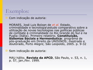 Exemplos:
 Com indicação de autoria:
MORAES, José Luis Bolzan de et al. Estado,
criminalidade e tecnologiaestudo comparativo sobre a
utilização de novas tecnologias nas políticas públicas
de combate à criminalidade no Rio Grande do Sul e na
Puglia (Itália). Primeiro relatório. Constituição,
Sistemas Sociais e Hermenêutica: programa de
pós-graduação em Direito da UNISINOS: mestrado e
doutorado, Porto Alegre; São Leopoldo, 2005. p. 9-32
 Sem indicação de autoria:
MAU hálito. Revista da APCD, São Paulo, v. 53, n. 1,
p. 57, jan./fev. 1999.
 