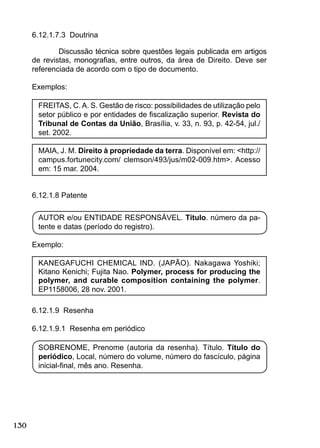 130
6.12.1.7.3 Doutrina
Discussão técnica sobre questões legais publicada em artigos
de revistas, monograﬁas, entre outros, da área de Direito. Deve ser
referenciada de acordo com o tipo de documento.
Exemplos:
FREITAS, C. A. S. Gestão de risco: possibilidades de utilização pelo
setor público e por entidades de ﬁscalização superior. Revista do
Tribunal de Contas da União, Brasília, v. 33, n. 93, p. 42-54, jul./
set. 2002.
MAIA, J. M. Direito à propriedade da terra. Disponível em: <http://
campus.fortunecity.com/ clemson/493/jus/m02-009.htm>. Acesso
em: 15 mar. 2004.
6.12.1.8 Patente
AUTOR e/ou ENTIDADE RESPONSÁVEL. Título. número da pa-
tente e datas (período do registro).
Exemplo:
KANEGAFUCHI CHEMICAL IND. (JAPÃO). Nakagawa Yoshiki;
Kitano Kenichi; Fujita Nao. Polymer, process for producing the
polymer, and curable composition containing the polymer.
EP1158006, 28 nov. 2001.
6.12.1.9 Resenha
6.12.1.9.1 Resenha em periódico
SOBRENOME, Prenome (autoria da resenha). Título. Título do
periódico, Local, número do volume, número do fascículo, página
inicial-ﬁnal, mês ano. Resenha.
 