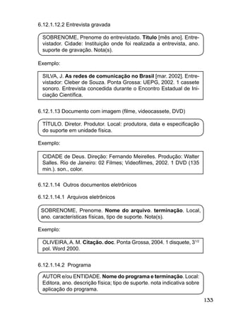 133
6.12.1.12.2 Entrevista gravada
SOBRENOME, Prenome do entrevistado. Título [mês ano]. Entre-
vistador. Cidade: Instituição onde foi realizada a entrevista, ano.
suporte de gravação. Nota(s).
Exemplo:
SILVA, J. As redes de comunicação no Brasil [mar. 2002]. Entre-
vistador: Cleber de Souza. Ponta Grossa: UEPG, 2002. 1 cassete
sonoro. Entrevista concedida durante o Encontro Estadual de Ini-
ciação Cientíﬁca.
6.12.1.13 Documento com imagem (ﬁlme, videocassete, DVD)
TÍTULO. Diretor. Produtor. Local: produtora, data e especiﬁcação
do suporte em unidade física.
Exemplo:
CIDADE de Deus. Direção: Fernando Meirelles. Produção: Walter
Salles. Rio de Janeiro: 02 Filmes; Videoﬁlmes, 2002. 1 DVD (135
min.). son., color.
6.12.1.14 Outros documentos eletrônicos
6.12.1.14.1 Arquivos eletrônicos
SOBRENOME, Prenome. Nome do arquivo. terminação. Local,
ano. características físicas, tipo de suporte. Nota(s).
Exemplo:
OLIVEIRA, A. M. Citação. doc. Ponta Grossa, 2004. 1 disquete, 31/2
pol. Word 2000.
6.12.1.14.2 Programa
AUTOR e/ou ENTIDADE. Nome do programa e terminação. Local:
Editora, ano. descrição física; tipo de suporte. nota indicativa sobre
aplicação do programa.
 