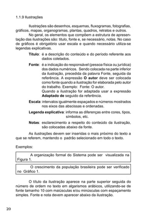 20
1.1.9 Ilustrações
Ilustrações são desenhos, esquemas, ﬂuxogramas, fotograﬁas,
gráﬁcos, mapas, organogramas, plantas, quadros, retratos e outros.
No geral, os elementos que compõem a estrutura de apresen-
tação das ilustrações são: titulo, fonte e, se necessário, notas. No caso
de gráﬁcos é obrigatório usar escala e quando necessário utiliza-se
legendas explicativas.
Título: é a descrição do conteúdo e do período referente aos
dados coletados.
Fonte: é a indicação do responsável (pessoa física ou jurídica)
dos dados numéricos. Sendo colocada na parte inferior
da ilustração, precedida da palavra Fonte, seguida da
referência. A expressão O autor deve ser colocada
como fonte quando a ilustração for elaborada pelo autor
do trabalho. Exemplo: Fonte: O autor.
Quando a ilustração for adaptada usar a expressão
Adaptado de seguido da referência.
Escala: intervalos igualmente espaçados e números mostrados
nos eixos das abscissas e ordenadas.
Legenda explicativa: informa as diferenças entre cores, tipos,
símbolos, etc.
Notas: esclarecimento a respeito do conteúdo da ilustração,
são colocadas abaixo da fonte.
As ilustrações devem ser inseridas o mais próximo do texto a
que se referem, mantendo o padrão selecionado em todo o texto.
Exemplos:
A organização formal do Sistema pode ser visualizada na
Figura 1.
O crescimento da população brasileira pode ser veriﬁcado
no Gráﬁco 1.
O título da ilustração aparece na parte superior seguida do
número de ordem no texto em algarismos arábicos, utilizando-se de
fonte tamanho 10 com maiúsculas e/ou minúsculas com espaçamento
simples. Fonte e nota devem aparecer abaixo da ilustração.
 