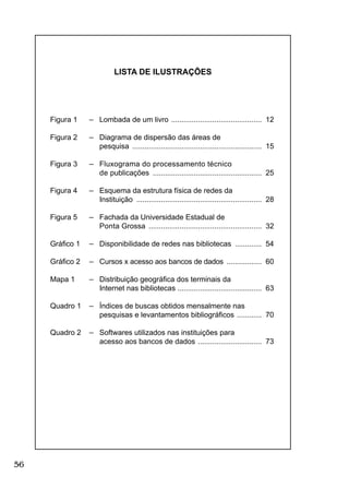 56
LISTA DE ILUSTRAÇÕES
Figura 1 _ Lombada de um livro ............................................ 12
Figura 2 _ Diagrama de dispersão das áreas de
pesquisa ............................................................... 15
Figura 3 _ Fluxograma do processamento técnico
de publicações ..................................................... 25
Figura 4 _ Esquema da estrutura física de redes da
Instituição ............................................................. 28
Figura 5 _ Fachada da Universidade Estadual de
Ponta Grossa ....................................................... 32
Gráﬁco 1 _ Disponibilidade de redes nas bibliotecas ............. 54
Gráﬁco 2 _ Cursos x acesso aos bancos de dados ................. 60
Mapa 1 _ Distribuição geográﬁca dos terminais da
Internet nas bibliotecas ......................................... 63
Quadro 1 _ Índices de buscas obtidos mensalmente nas
pesquisas e levantamentos bibliográﬁcos ............ 70
Quadro 2 _ Softwares utilizados nas instituições para
acesso aos bancos de dados ............................... 73
 