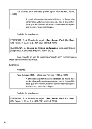70
De acordo com Beluzzo (1994 apud FERREIRA, 1996,
p. 387),
A principal característica da biblioteca do futuro não
será mais o volume do seu acervo, mas a disponibili-
dade que tem de comunicar-se com outras instituições
através das novas tecnologias.
Na lista de referências:
FERREIRA, R. A. Mundo de papel... Rev. Assoc. Paul. Cir. Dent.,
São Paulo, v. 50, n. 5, p. 384-392, set./out. 1996.
SUASSUNA, L. Ensino de língua portuguesa: uma abordagem
pragmática. Campinas: Papirus, 1995. 242 p.
Com relação ao uso da expressão “citado por”, recomenda-se
inseri-la no contexto da frase.
Exemplos:
No texto:
Para Beluzzo (1994) citado por Ferreira (1996, p. 387),
A principal característica da biblioteca do futuro não
será mais o volume do seu acervo, mas a disponibili-
dade que tem de comunicar-se com outras instituições
através das novas tecnologias.
Na lista de referências:
FERREIRA, R. A. Mundo de papel... Rev. Assoc. Paul. Cir. Dent.,
São Paulo, v. 50, n. 5, p. 384-392, set./out. 1996.
 
