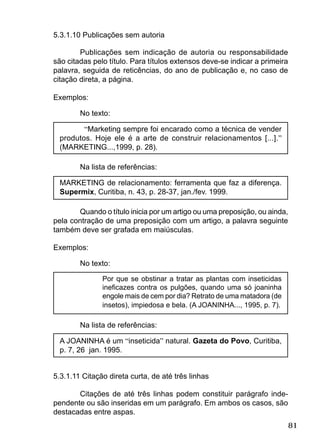 81
5.3.1.10 Publicações sem autoria
Publicações sem indicação de autoria ou responsabilidade
são citadas pelo título. Para títulos extensos deve-se indicar a primeira
palavra, seguida de reticências, do ano de publicação e, no caso de
citação direta, a página.
Exemplos:
No texto:
“Marketing sempre foi encarado como a técnica de vender
produtos. Hoje ele é a arte de construir relacionamentos [...].”
(MARKETING...,1999, p. 28).
Na lista de referências:
MARKETING de relacionamento: ferramenta que faz a diferença.
Supermix, Curitiba, n. 43, p. 28-37, jan./fev. 1999.
Quando o título inicia por um artigo ou uma preposição, ou ainda,
pela contração de uma preposição com um artigo, a palavra seguinte
também deve ser grafada em maiúsculas.
Exemplos:
No texto:
Por que se obstinar a tratar as plantas com inseticidas
ineﬁcazes contra os pulgões, quando uma só joaninha
engole mais de cem por dia? Retrato de uma matadora (de
insetos), impiedosa e bela. (A JOANINHA..., 1995, p. 7).
Na lista de referências:
A JOANINHA é um “inseticida” natural. Gazeta do Povo, Curitiba,
p. 7, 26 jan. 1995.
5.3.1.11 Citação direta curta, de até três linhas
Citações de até três linhas podem constituir parágrafo inde-
pendente ou são inseridas em um parágrafo. Em ambos os casos, são
destacadas entre aspas.
 