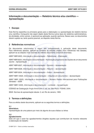 NORMA BRASILEIRA ABNT NBR 10719:2011
© ABNT 2011 - Todos os direitos reservados 1
Informação e documentação — Relatório técnico e/ou cientíﬁco —
Apresentação
1 Escopo
Esta Norma especiﬁca os princípios gerais para a elaboração e a apresentação de relatório técnico
e/ou cientíﬁco. Conquanto não sejam objeto desta Norma outros tipos de relatórios (administrativos,
de atividades, entre outros), é opcional sua aplicação, quando oportuna. Nesse caso, os documentos
devem sujeitar-se, tanto quanto possível, ao disposto nesta Norma.
2 Referências normativas
Os documentos relacionados a seguir são indispensáveis à aplicação deste documento.
Para referências datadas, aplicam-se somente as edições citadas. Para referências não datadas,
aplicam-se as edições mais recentes do referido documento (incluindo emendas).
ABNT NBR 6023, Informação e documentação – Referências – Elaboração
ABNT NBR 6024, Informação e documentação – Numeração progressiva das seções de um documento
escrito – Apresentação
ABNT NBR 6027, Informação e documentação – Sumário – Apresentação
ABNT NBR 6028, Informação e documentação – Resumo – Apresentação
ABNT NBR 6034, Informação e documentação – Índice – Apresentação
ABNT NBR 10520, Informação e documentação – Citações em documentos – Apresentação
ABNT NBR 10525, Informação e documentação – Número Padrão Internacional para Publicações
Seriadas – ISSN
ABNT NBR 12225, Informação e documentação – Lombada – Apresentação
CÓDIGO de Catalogação Anglo-Americano. 2. ed. rev. São Paulo: FEBAB, 2004.
IBGE. Normas de apresentação tabular. 3. ed. Rio de Janeiro, 1993.
3 Termos e deﬁnições
Para os efeitos deste documento, aplicam-se os seguintes termos e deﬁnições.
3.1
abreviatura
representação de uma palavra por meio de alguma de suas sílabas ou letras
3.2
agradecimento
texto em que o autor faz agradecimentos dirigidos àqueles que contribuíram de maneira relevante
à elaboração do trabalho
 