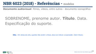 104
SOBRENOME, prenome autor. Título. Data.
Especificação do suporte.
Obs.: Em obras de arte, quando não existir o título, deve-se indicar a expressão: [Sem título].
Documento audiovisual: filmes, vídeos, entre outros - documento iconográfico
NBR 6023 (2018) - Referências - modelos
Biblioteca Central da UnB | Setor de Referência, agosto 2021
 