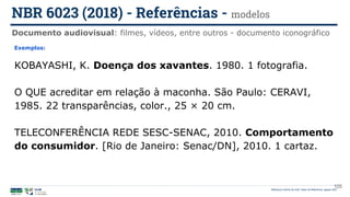 105
Exemplos:
KOBAYASHI, K. Doença dos xavantes. 1980. 1 fotografia.
O QUE acreditar em relação à maconha. São Paulo: CERAVI,
1985. 22 transparências, color., 25 × 20 cm.
TELECONFERÊNCIA REDE SESC-SENAC, 2010. Comportamento
do consumidor. [Rio de Janeiro: Senac/DN], 2010. 1 cartaz.
Documento audiovisual: filmes, vídeos, entre outros - documento iconográfico
NBR 6023 (2018) - Referências - modelos
Biblioteca Central da UnB | Setor de Referência, agosto 2021
 