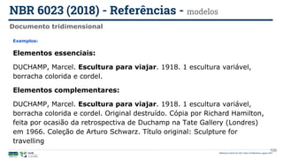 109
Exemplos:
Elementos essenciais:
DUCHAMP, Marcel. Escultura para viajar. 1918. 1 escultura variável,
borracha colorida e cordel.
Elementos complementares:
DUCHAMP, Marcel. Escultura para viajar. 1918. 1 escultura variável,
borracha colorida e cordel. Original destruído. Cópia por Richard Hamilton,
feita por ocasião da retrospectiva de Duchamp na Tate Gallery (Londres)
em 1966. Coleção de Arturo Schwarz. Título original: Sculpture for
travelling
Documento tridimensional
NBR 6023 (2018) - Referências - modelos
Biblioteca Central da UnB | Setor de Referência, agosto 2021
 