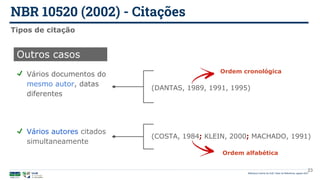 Vários documentos do
mesmo autor, datas
diferentes
Vários autores citados
simultaneamente
NBR 10520 (2002) - Citações
Biblioteca Central da UnB | Setor de Referência, agosto 2021
Tipos de citação
Outros casos
(COSTA, 1984; KLEIN, 2000; MACHADO, 1991)
(DANTAS, 1989, 1991, 1995)
Ordem alfabética
Ordem cronológica
23
 
