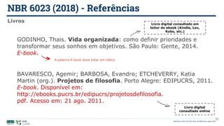 NBR 6023 (2018) - Referências
Biblioteca Central da UnB | Setor de Referência, agosto 2021
Livros
GODINHO, Thais. Vida organizada: como definir prioridades e
transformar seus sonhos em objetivos. São Paulo: Gente, 2014.
E-book.
BAVARESCO, Agemir; BARBOSA, Evandro; ETCHEVERRY, Katia
Martin (org.). Projetos de filosofia. Porto Alegre: EDIPUCRS, 2011.
E-book. Disponível em:
http://ebooks.pucrs.br/edipucrs/projetosdefilosofia.
pdf. Acesso em: 21 ago. 2011.
Livro digital consultado em
leitor de ebook (Kindle, Lev,
Kobo, etc.)
Livro digital
consultado online
A palavra E-book deve estar em itálico
31
 
