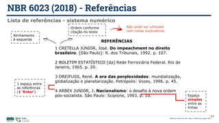 NBR 6023 (2018) - Referências
Biblioteca Central da UnB | Setor de Referência, agosto 2021
Lista de referências - sistema numérico
Alinhamento
à esquerda
Ordem conforme
citação no texto
1 CRETELLA JÚNIOR, José. Do impeachment no direito
brasileiro. [São Paulo]: R. dos Tribunais, 1992. p. 107.
2 BOLETIM ESTATÍSTICO [da] Rede Ferroviária Federal. Rio de
Janeiro, 1965. p. 20.
3 DREIFUSS, René. A era das perplexidades: mundialização,
globalização e planetarização. Petrópolis: Vozes, 1996. p. 45.
4 ARBEX JUNIOR, J. Nacionalismo: o desafio à nova ordem
pós-socialista. São Paulo: Scipione, 1993. p. 10. Espaço
simples
entre as
linhas
1 espaço entre
as referências
(1 ‘Enter’)
Não pode ser utilizado
com notas explicativas
54
REFERÊNCIAS
 
