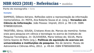 Biblioteca Central da UnB | Setor de Referência, agosto 2021
Parte de monografia – livro
NBR 6023 (2018) - Referências - modelos
Exemplos:
SAMPAIO, Débora Adriano. Reflexões sobre a representação da informação
memorialística. In: MOTA, Ana Roberta Sousa et al. (org.). Versados em
Ciência da Informação. João Pessoa: Imprell, 2014. p. 99-119. ISBN
9788583320104.
TROITIÑO, Sônia; SOUSA, Cristiane Alves de. Marcos da memória: fontes
orais para pesquisa em ciência e tecnologia no acervo do Instituto de
Pesquisa Tecnológica. In: OLIVIVEIRA, Maria Velloso de; SILVA, Maria
Celina Soares de Mello (org.). Políticas de aquisição de acervos em
universidades e instituições de pesquisa. Rio de Janeiro: Museu de
Astronomia e Ciências Afins, 2012. p. 49-64. ISBN 9788560069385.
69
 