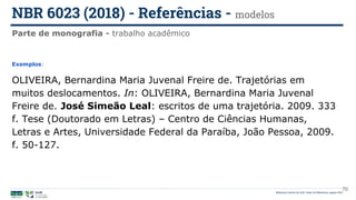 Biblioteca Central da UnB | Setor de Referência, agosto 2021
Parte de monografia - trabalho acadêmico
NBR 6023 (2018) - Referências - modelos
Exemplos:
OLIVEIRA, Bernardina Maria Juvenal Freire de. Trajetórias em
muitos deslocamentos. In: OLIVEIRA, Bernardina Maria Juvenal
Freire de. José Simeão Leal: escritos de uma trajetória. 2009. 333
f. Tese (Doutorado em Letras) – Centro de Ciências Humanas,
Letras e Artes, Universidade Federal da Paraíba, João Pessoa, 2009.
f. 50-127.
70
 