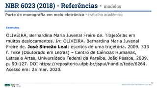 Biblioteca Central da UnB | Setor de Referência, agosto 2021
Parte de monografia em meio eletrônico - trabalho acadêmico
NBR 6023 (2018) - Referências - modelos
Exemplos:
OLIVEIRA, Bernardina Maria Juvenal Freire de. Trajetórias em
muitos deslocamentos. In: OLIVEIRA, Bernardina Maria Juvenal
Freire de. José Simeão Leal: escritos de uma trajetória. 2009. 333
f. Tese (Doutorado em Letras) – Centro de Ciências Humanas,
Letras e Artes, Universidade Federal da Paraíba, João Pessoa, 2009.
p. 50-127. DOI https://repositorio.ufpb.br/jspui/handle/tede/6264.
Acesso em: 25 mar. 2020.
72
 