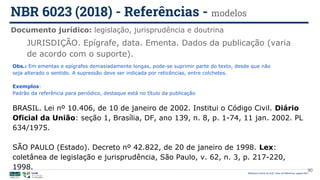 Biblioteca Central da UnB | Setor de Referência, agosto 2021
Documento jurídico: legislação, jurisprudência e doutrina
NBR 6023 (2018) - Referências - modelos
Obs.: Em ementas e epígrafes demasiadamente longas, pode-se suprimir parte do texto, desde que não
seja alterado o sentido. A supressão deve ser indicada por reticências, entre colchetes.
Exemplos:
Padrão da referência para periódico, destaque está no título da publicação
BRASIL. Lei nº 10.406, de 10 de janeiro de 2002. Institui o Código Civil. Diário
Oficial da União: seção 1, Brasília, DF, ano 139, n. 8, p. 1-74, 11 jan. 2002. PL
634/1975.
SÃO PAULO (Estado). Decreto nº 42.822, de 20 de janeiro de 1998. Lex:
coletânea de legislação e jurisprudência, São Paulo, v. 62, n. 3, p. 217-220,
1998.
JURISDIÇÃO. Epígrafe, data. Ementa. Dados da publicação (varia
de acordo com o suporte).
90
 