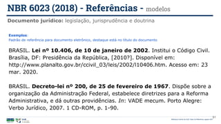 Biblioteca Central da UnB | Setor de Referência, agosto 2021
Documento jurídico: legislação, jurisprudência e doutrina
NBR 6023 (2018) - Referências - modelos
Exemplos:
Padrão de referência para documento eletrônico, destaque está no título do documento
BRASIL. Lei nº 10.406, de 10 de janeiro de 2002. Institui o Código Civil.
Brasília, DF: Presidência da República, [2010?]. Disponível em:
http://www.planalto.gov.br/ccivil_03/leis/2002/l10406.htm. Acesso em: 23
mar. 2020.
BRASIL. Decreto-lei nº 200, de 25 de fevereiro de 1967. Dispõe sobre a
organização da Administração Federal, estabelece diretrizes para a Reforma
Administrativa, e dá outras providências. In: VADE mecum. Porto Alegre:
Verbo Jurídico, 2007. 1 CD-ROM, p. 1-90.
91
 