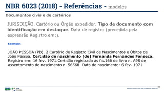 95
JURISDIÇÃO. Cartório ou Órgão expedidor. Tipo de documento com
identificação em destaque. Data de registro (precedida pela
expressão Registro em:).
Exemplo:
JOÃO PESSOA (PB). 2 Cartório de Registro Civil de Nascimentos e Óbitos de
João Pessoa. Certidão de nascimento [de] Fernanda Fernandes Fonseca.
Registro em: 16 fev. 1971.Certidão registrada às fls.166 do livro n. A98 de
assentamento de nascimento n. 56568. Data de nascimento: 6 fev. 1971.
Documentos civis e de cartórios
NBR 6023 (2018) - Referências - modelos
Biblioteca Central da UnB | Setor de Referência, agosto 2021
 