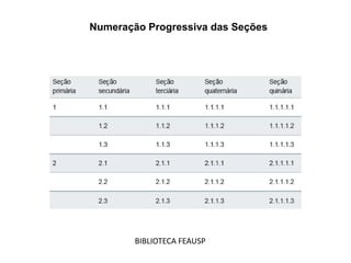 BIBLIOTECA FEAUSP
Numeração Progressiva das Seções
 