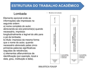 Lombada
Elemento opcional onde as
informações são impressas na
seguinte ordem:
a) nome completo do autor,
abreviando-se o(s) prenome(s) quando
necessário, impresso
longitudinalmente e legível do alto para
o pé da lombada;
b) título: impresso da mesma forma
que o nome do autor, quando
necessário abreviado pelas cinco
primeiras palavras significativas
seguidas de reticências;
c) elementos alfanuméricos de
identificação (por exemplo, local e
data, grau, instituição e data).
BIBLIOTECA FEAUSP
ESTRUTURA DO TRABALHO ACADÊMICO
 