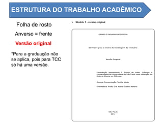Folha de rosto
Versão original
Anverso = frente
*Para a graduação não
se aplica, pois para TCC
só há uma versão.
ESTRUTURA DO TRABALHO ACADÊMICO
 