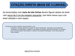 As transcrições com mais de três linhas devem figurar abaixo do texto,
com recuo de 4 cm da margem esquerda, com letra menor que a do
texto utilizado e sem aspas.
BIBLIOTECA FEAUSP
De acordo com Cervo, Bervian e Da silva (2007, p. 35)
A análise e a síntese reacionais só podem ser feitas mentalmente. Empregam-se principalmente
na filosofia e na matemática. A análise é uma espécie de indução; parte-se do particular, do complexo,
para o princípio geral e mais simples. A síntese é uma espécie de dedução, vai do mais simples ao
mais complexo.
CITAÇÃO DIRETA (MAIS DE 3 LINHAS)
 