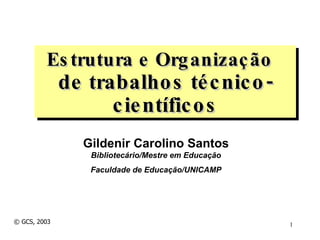 Gildenir Carolino Santos Bibliotecário/Mestre em Educação Faculdade de Educação/UNICAMP Estrutura e Organização  de trabalhos técnico-científicos © GCS, 2003 
