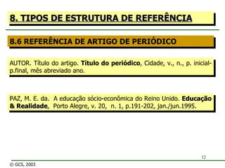 8. TIPOS DE ESTRUTURA DE REFERÊNCIA 8.6 REFERÊNCIA DE ARTIGO DE PERIÓDICO AUTOR. Título do artigo.  Título do periódico , Cidade, v., n., p. inicial-p.final, mês abreviado ano. PAZ, M. E. da.  A educação sócio-econômica do Reino Unido.  Educação & Realidade ,  Porto Alegre, v. 20,  n. 1, p.191-202, jan./jun.1995. © GCS, 2003 