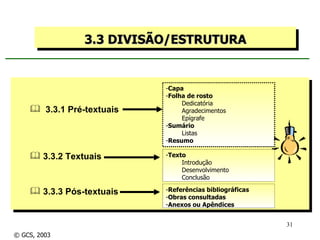 3.3 DIVISÃO/ESTRUTURA 3.3.1 Pré-textuais 3.3.2 Textuais 3.3.3 Pós-textuais Capa Folha de rosto Dedicatória Agradecimentos Epígrafe Sumário Listas Resumo Texto Introdução Desenvolvimento Conclusão Referências bibliográficas Obras consultadas Anexos ou Apêndices © GCS, 2003 