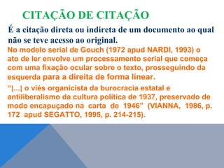 É a citação direta ou indireta de um documento ao qual
não se teve acesso ao original.
No modelo serial de Gouch (1972 apud NARDI, 1993) o
ato de ler envolve um processamento serial que começa
com uma fixação ocular sobre o texto, prosseguindo da
esquerda para a direita de forma linear.
“[...] o viés organicista da burocracia estatal e
antiliberalismo da cultura política de 1937, preservado de
modo encapuçado na carta de 1946” (VIANNA, 1986, p.
172 apud SEGATTO, 1995, p. 214-215).
CITAÇÃO DE CITAÇÃO
 