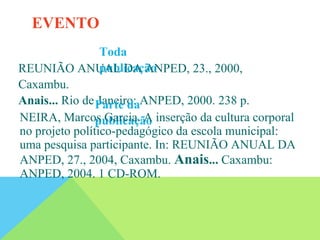 Toda
publicação
REUNIÃO ANUAL DA ANPED, 23., 2000,
Caxambu.
Anais... Rio de Janeiro: ANPED, 2000. 238 p.
Parte da
publicação
NEIRA, Marcos Garcia. A inserção da cultura corporal
no projeto político-pedagógico da escola municipal:
uma pesquisa participante. In: REUNIÃO ANUAL DA
ANPED, 27., 2004, Caxambu. Anais... Caxambu:
ANPED, 2004. 1 CD-ROM.
EVENTO
 