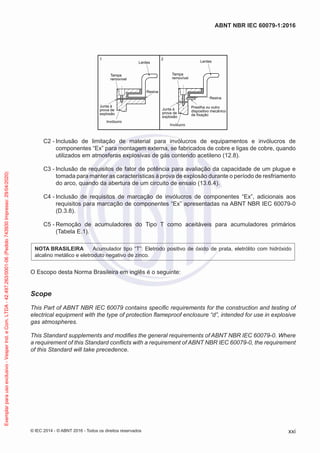Lentes
1 2
Tampa
removível
Lentes
Tampa
removível
Junta à
prova de
explosão
Junta à
prova de
explosão
Invólucro
Invólucro
Resina
Resina
Presilha ou outro
dispositivo mecânico
de fixação
C2 - Inclusão de limitação de material para invólucros de equipamentos e invólucros de
componentes “Ex” para montagem externa, se fabricados de cobre e ligas de cobre, quando
utilizados em atmosferas explosivas de gás contendo acetileno (12.8).
C3 - Inclusão de requisitos de fator de potência para avaliação da capacidade de um plugue e
tomada para manter as características à prova de explosão durante o período de resfriamento
do arco, quando da abertura de um circuito de ensaio (13.6.4).
C4 - Inclusão de requisitos de marcação de invólucros de componentes “Ex”, adicionais aos
requisitos para marcação de componentes “Ex” apresentadas na ABNT NBR IEC 60079-0
(D.3.8).
C5 - Remoção de acumuladores do Tipo T como aceitáveis para acumuladores primários
(Tabela E.1).
NOTA BRASILEIRA Acumulador tipo “T”: Eletrodo positivo de óxido de prata, eletrólito com hidróxido
alcalino metálico e eletroduto negativo de zinco.
O Escopo desta Norma Brasileira em inglês é o seguinte:
Scope
This Part of ABNT NBR IEC 60079 contains specific requirements for the construction and testing of
electrical equipment with the type of protection flameproof enclosure “d”, intended for use in explosive
gas atmospheres.
This Standard supplements and modifies the general requirements of ABNT NBR IEC 60079-0. Where
a requirement of this Standard conflicts with a requirement of ABNT NBR IEC 60079-0, the requirement
of this Standard will take precedence.
© IEC 2014 - © ABNT 2016 - Todos os direitos reservados xxi
ABNT NBR IEC 60079-1:2016
Exemplar
para
uso
exclusivo
-
Vesper
Ind.
e
Com.
LTDA
-
42.497.263/0001-06
(Pedido
743930
Impresso:
29/04/2020)
 