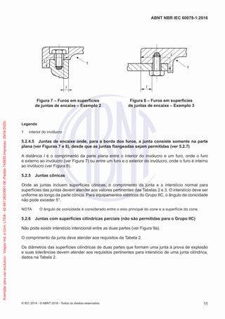 1
L
l
Figura 7 – Furos em superfícies
de juntas de encaixe – Exemplo 2
l
1
L
Figura 8 – Furos em superfícies
de juntas de encaixe – Exemplo 3
Legenda
1 interior do invólucro
5.2.4.5 Juntas de encaixe onde, para a borda dos furos, a junta consiste somente na parte
plana (ver Figuras 7 e 8), desde que as juntas flangeadas sejam permitidas (ver 5.2.7)
A distância l é o comprimento da parte plana entre o interior do invólucro e um furo, onde o furo
é externo ao invólucro (ver Figura 7) ou entre um furo e o exterior do invólucro, onde o furo é interno
ao invólucro (ver Figura 8).
5.2.5 Juntas cônicas
Onde as juntas incluem superfícies cônicas, o comprimento da junta e o interstício normal para
superfícies das juntas devem atender aos valores pertinentes das Tabelas 2 e 3. O interstício deve ser
uniforme ao longo da parte cônica. Para equipamentos elétricos do Grupo IIC, o ângulo de conicidade
não pode exceder 5°.
NOTA O ângulo de conicidade é considerado entre o eixo principal do cone e a superfície do cone.
5.2.6 Juntas com superfícies cilíndricas parciais (não são permitidas para o Grupo IIC)
Não pode existir interstício intencional entre as duas partes (ver Figura 9a).
O comprimento da junta deve atender aos requisitos da Tabela 2.
Os diâmetros das superfícies cilíndricas de duas partes que formam uma junta à prova de explosão
e suas tolerâncias devem atender aos requisitos pertinentes para interstício de uma junta cilíndrica,
dados na Tabela 2.
© IEC 2014 - © ABNT 2016 - Todos os direitos reservados 11
ABNT NBR IEC 60079-1:2016
Exemplar
para
uso
exclusivo
-
Vesper
Ind.
e
Com.
LTDA
-
42.497.263/0001-06
(Pedido
743930
Impresso:
29/04/2020)
 