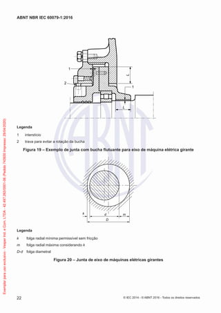 1
2
1
L
L
Legenda
1 interstício
2 trava para evitar a rotação da bucha
Figura 19 – Exemplo de junta com bucha flutuante para eixo de máquina elétrica girante
k d m
D
Legenda
k folga radial mínima permissível sem fricção
m folga radial máxima considerando k
D-d folga diametral
Figura 20 – Junta de eixo de máquinas elétricas girantes
© IEC 2014 - © ABNT 2016 - Todos os direitos reservados
22
ABNT NBR IEC 60079-1:2016
Exemplar
para
uso
exclusivo
-
Vesper
Ind.
e
Com.
LTDA
-
42.497.263/0001-06
(Pedido
743930
Impresso:
29/04/2020)
 