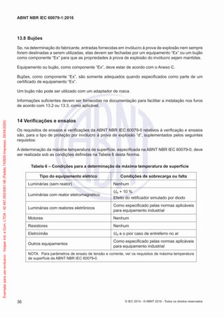13.8 Bujões
Se, na determinação do fabricante, entradas fornecidas em invólucro à prova de explosão nem sempre
forem destinadas a serem utilizadas, elas devem ser fechadas por um equipamento “Ex” ou um bujão
como componente “Ex” para que as propriedades à prova de explosão do invólucro sejam mantidas.
Equipamento ou bujão, como componente “Ex”, deve estar de acordo com o Anexo C.
Bujões, como componente “Ex”, são somente adequados quando especificados como parte de um
certificado de equipamento “Ex”.
Um bujão não pode ser utilizado com um adaptador de rosca.
Informações suficientes devem ser fornecidas na documentação para facilitar a instalação nos furos
de acordo com 13.2 ou 13.3, como aplicável.
14 Verificações e ensaios
Os requisitos de ensaios e verificações da ABNT NBR IEC 60079-0 relativos à verificação e ensaios
são, para o tipo de proteção por invólucro à prova de explosão “d”, suplementados pelos seguintes
requisitos:
A determinação da máxima temperatura de superfície, especificada na ABNT NBR IEC 60079-0, deve
ser realizada sob as condições definidas na Tabela 6 desta Norma.
Tabela 6 – Condições para a determinação da máxima temperatura de superfície
Tipo do equipamento elétrico Condições de sobrecarga ou falta
Luminárias (sem reator) Nenhum
Luminárias com reator eletromagnético
Un + 10 %
Efeito do retificador simulado por diodo
Luminárias com reatores eletrônicos
Como especificado pelas normas aplicáveis
para equipamento industrial
Motores Nenhum
Resistores Nenhum
Eletroímãs Un e o pior caso de entreferro no ar
Outros equipamentos
Como especificado pelas normas aplicáveis
para equipamento industrial
NOTA Para parâmetros de ensaio de tensão e corrente, ver os requisitos de máxima temperatura
de superfície da ABNT NBR IEC 60079-0.
© IEC 2014 - © ABNT 2016 - Todos os direitos reservados
36
ABNT NBR IEC 60079-1:2016
Exemplar
para
uso
exclusivo
-
Vesper
Ind.
e
Com.
LTDA
-
42.497.263/0001-06
(Pedido
743930
Impresso:
29/04/2020)
 