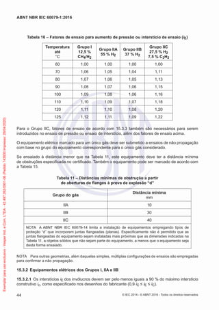 Tabela 10 – Fatores de ensaio para aumento de pressão ou interstício de ensaio (iE)
Temperatura
até
°C
Grupo I
12,5 %
CH4/H2
Grupo IIA
55 % H2
Grupo IIB
37 % H2
Grupo IIC
27,5 % H2
7,5 % C2H2
60 1,00 1,00 1,00 1,00
70 1,06 1,05 1,04 1,11
80 1,07 1,06 1,05 1,13
90 1,08 1,07 1,06 1,15
100 1,09 1,08 1,06 1,16
110 1,10 1,09 1,07 1,18
120 1,11 1,10 1,08 1,20
125 1,12 1,11 1,09 1,22
Para o Grupo IIC, fatores de ensaio de acordo com 15.3.3 também são necessários para serem
introduzidos no ensaio de pressão ou ensaio de interstício, além dos fatores de ensaio acima.
O equipamento elétrico marcado para um único gás deve ser submetido a ensaios de não propagação
com base no grupo do equipamento correspondente para o único gás considerado.
Se ensaiado à distância menor que na Tabela 11, este equipamento deve ter a distância mínima
de obstruções especificada no certificado. Também o equipamento pode ser marcado de acordo com
a Tabela 15.
Tabela 11 – Distâncias mínimas de obstrução a partir
de aberturas de flanges à prova de explosão “d”
Grupo do gás
Distância mínima
mm
IIA 10
IIB 30
IIC 40
NOTA A ABNT NBR IEC 60079-14 limita a instalação de equipamentos empregando tipos de
proteção “d” que incorporem juntas flangeadas (planas). Especificamente não é permitido que as
juntas flangeadas do equipamento sejam instaladas mais próximas que as dimensões indicadas na
Tabela 11, a objetos sólidos que não sejam parte do equipamento, a menos que o equipamento seja
desta forma ensaiado.
NOTA Para outras geometrias, além daquelas simples, múltiplas configurações de ensaios são empregadas
para confirmar a não propagação.
15.3.2 Equipamentos elétricos dos Grupos I, IIA e IIB
15.3.2.1 Os interstícios iE dos invólucros devem ser pelo menos iguais a 90 % do máximo interstício
construtivo ic, como especificado nos desenhos do fabricante (0,9 iC ≤ iE ≤ iC).
© IEC 2014 - © ABNT 2016 - Todos os direitos reservados
44
ABNT NBR IEC 60079-1:2016
Exemplar
para
uso
exclusivo
-
Vesper
Ind.
e
Com.
LTDA
-
42.497.263/0001-06
(Pedido
743930
Impresso:
29/04/2020)
 
