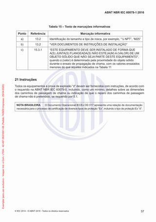 Tabela 15 – Texto de marcações informativas
Ponto Referência Marcação informativa
a) 13.2 Identificação do tamanho e tipo de rosca, por exemplo, “½ NPT”, “M25”
b) 13.2 “VER DOCUMENTOS DE INSTRUÇÕES DE INSTALAÇÃO”
c) 15.3.1 “ESTE EQUIPAMENTO DEVE SER INSTALADO DE FORMA QUE
A(S) JUNTA(S) FLANGEADA(S) NÃO ESTEJA(M) A (VALOR) DE UM
OBJETO SÓLIDO QUE NÃO SEJA PARTE DESTE EQUIPAMENTO”,
quando o (valor) é determinado pela proximidade do objeto sólido
durante o ensaio de propagação de chama, com os valores ensaiados
menores do que aqueles indicados na Tabela 11
21 Instruções
Todos os equipamentos à prova de explosão “d” devem ser fornecidos com instruções, de acordo com
o requerido na ABNT NBR IEC 60079-0, incluindo, como um mínimo, detalhes sobre as dimensões
dos caminhos de passagem de chama ou indicação de que o reparo dos caminhos de passagem
de chama não é pretendido, se requerido por 5.1.
NOTA BRASILEIRA O Documento Operacional IECEx OD 017 apresenta uma relação de documentação
necessária para o processo de certificação de diversos tipos de proteção “Ex”, incluindo o tipo de proteção Ex “d”.
© IEC 2014 - © ABNT 2016 - Todos os direitos reservados 57
ABNT NBR IEC 60079-1:2016
Exemplar
para
uso
exclusivo
-
Vesper
Ind.
e
Com.
LTDA
-
42.497.263/0001-06
(Pedido
743930
Impresso:
29/04/2020)
 