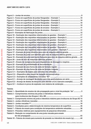 Tabelas
Tabela 1 – Quantidade de ensaios de não propagação para o nível de proteção “da”................5
Tabela 2 – Comprimentos mínimos de juntas e interstícios máximos
para invólucros dos Grupos I, IIA e IIB .........................................................................14
Tabela 3 – Comprimento mínimo da junta e interstício máximo para invólucros do Grupo IIC 15
Tabela 4 – Juntas cilíndricas roscadas ...........................................................................................16
Tabela 5 – Juntas roscadas a,c.........................................................................................................16
Tabela 6 – Condições para a determinação da máxima temperatura de superfície ...................36
Tabela 7 – Fatores de ensaio para condições de temperatura ambiente reduzidas...................38
Tabela 8 – Pressões relativas para equipamentos de pequenas dimensões..............................41
Tabela 9 – Redução no comprimento de uma junta roscada para ensaio
de não propagação ..........................................................................................................43
Tabela 10 – Fatores de ensaio para aumento de pressão ou interstício de ensaio (iE)..............44
Figura 2 – Juntas de encaixe..............................................................................................................9
Figura 3 – Furos em superfícies de juntas flangeadas – Exemplo 1............................................10
Figura 4 – Furos em superfícies de juntas flangeadas – Exemplo 2............................................10
Figura 5 – Furos em superfícies de juntas flangeadas – Exemplo 3............................................10
Figura 6 – Furos em superfícies de juntas de encaixe – Exemplo 1 ............................................10
Figura 7 – Furos em superfícies de juntas de encaixe – Exemplo 2 ............................................11
Figura 8 – Furos em superfícies de juntas de encaixe – Exemplo 3 ............................................11
Figura 9 – Exemplos de fabricação de juntas.................................................................................12
Figura 10 – Ilustração dos requisitos relacionados às gaxetas – Exemplo 1 .............................17
Figura 11 – Ilustração dos requisitos relacionados às gaxetas – Exemplo 2..............................17
Figura 12 – Ilustração dos requisitos relacionados às gaxetas – Exemplo 3 .............................17
Figura 13 – Ilustração dos requisitos relacionados às gaxetas – Exemplo 4 .............................17
Figura 14 – Ilustração dos requisitos relacionados às gaxetas – Exemplo 5 .............................17
Figura 15 – Ilustração dos requisitos relacionados às gaxetas – Exemplo 6 .............................17
Figura 16 – Ilustração dos requisitos relacionados com gaxetas – Exemplo 7..........................18
Figura 17 – Exemplo de junta cilíndrica para eixo de máquina elétrica girante..........................21
Figura 18 – Exemplo de junta com labirinto para eixo de máquina elétrica girante...................21
Figura 19 – Exemplo de junta com bucha flutuante para eixo de máquina elétrica girante ......22
Figura 20 – Junta de eixo de máquinas elétricas girantes............................................................22
Figura 21 – Ensaio de componentes para dispositivos de drenagem e respiros.......................27
Figura 22 – Exemplo de possibilidade de documentação.............................................................33
Figura 23 – Exemplo de uma forma de onda de formato regular .................................................40
Figura 24 – Exemplo de uma forma de onda de formato irregular...............................................40
Figura C.1 – Exemplos de bujões para entradas não utilizadas...................................................65
Figura C.2 – Dispositivo para ensaio de vedação de prensa-cabos ............................................68
Figura C.3 – Exemplos de adaptadores roscados “Ex” ................................................................71
Figura E.1 – Arranjo de montagem de diodos para três acumuladores em série.......................78
Figura E.2 – Arranjo de diodos de bloqueio para atender a E.4.3 (terceiro exemplo)................79
Figura G.1 – Invólucro à prova de explosão com sistema de contenção....................................83
© IEC 2014 - © ABNT 2016 - Todos os direitos reservados
viii
ABNT NBR IEC 60079-1:2016
Exemplar
para
uso
exclusivo
-
Vesper
Ind.
e
Com.
LTDA
-
42.497.263/0001-06
(Pedido
743930
Impresso:
29/04/2020)
 