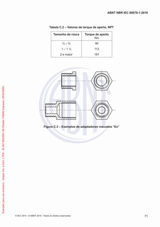 Tabela C.2 – Valores de torque de aperto, NPT
Tamanho da rosca Torque de aperto
Nm
½ – ¾ 90
1 – 1 ½ 113
2 e maior 181
Figura C.3 – Exemplos de adaptadores roscados “Ex”
© IEC 2014 - © ABNT 2016 - Todos os direitos reservados 71
ABNT NBR IEC 60079-1:2016
Exemplar
para
uso
exclusivo
-
Vesper
Ind.
e
Com.
LTDA
-
42.497.263/0001-06
(Pedido
743930
Impresso:
29/04/2020)
 