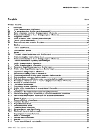 ABNT NBR ISO/IEC 17799:2005
©ABNT 2005 - Todos os direitos reservados iii
Sumário Página
Prefácio Nacional......................................................................................................................................................vii
0 Introdução......................................................................................................................................................ix
0.1 O que é segurança da informação?............................................................................................................ix
0.2 Por que a segurança da informação é necessária?..................................................................................ix
0.3 Como estabelecer requisitos de segurança da informação .....................................................................x
0.4 Analisando/avaliando os riscos de segurança da informação.................................................................x
0.5 Seleção de controles.....................................................................................................................................x
0.6 Ponto de partida para a segurança da informação...................................................................................xi
0.7 Fatores críticos de sucesso ........................................................................................................................xi
0.8 Desenvolvendo suas próprias diretrizes ..................................................................................................xii
1 Objetivo ..........................................................................................................................................................1
2 Termos e definições......................................................................................................................................1
3 Estrutura desta Norma..................................................................................................................................4
3.1 Seções ............................................................................................................................................................4
3.2 Principais categorias de segurança da informação ..................................................................................4
4 Análise/avaliação e tratamento de riscos ...................................................................................................6
4.1 Analisando/avaliando os riscos de segurança da informação.................................................................6
4.2 Tratando os riscos de segurança da informação ......................................................................................6
5 Política de segurança da informação..........................................................................................................8
5.1 Política de segurança da informação..........................................................................................................8
5.1.1 Documento da política de segurança da informação................................................................................8
5.1.2 Análise crítica da política de segurança da informação ...........................................................................9
6 Organizando a segurança da informação.................................................................................................10
6.1 Infra-estrutura da segurança da informação ............................................................................................10
6.1.1 Comprometimento da direção com a segurança da informação ...........................................................10
6.1.2 Coordenação da segurança da informação..............................................................................................11
6.1.3 Atribuição de responsabilidades para a segurança da informação ......................................................11
6.1.4 Processo de autorização para os recursos de processamento da informação ...................................12
6.1.5 Acordos de confidencialidade ...................................................................................................................12
6.1.6 Contato com autoridades ...........................................................................................................................13
6.1.7 Contato com grupos especiais ..................................................................................................................14
6.1.8 Análise crítica independente de segurança da informação....................................................................14
6.2 Partes externas............................................................................................................................................15
6.2.1 Identificação dos riscos relacionados com partes externas ..................................................................15
6.2.2 Identificando a segurança da informação, quando tratando com os clientes......................................17
6.2.3 Identificando segurança da informação nos acordos com terceiros ....................................................18
7 Gestão de ativos..........................................................................................................................................21
7.1 Responsabilidade pelos ativos ..................................................................................................................21
7.1.1 Inventário dos ativos...................................................................................................................................21
7.1.2 Proprietário dos ativos................................................................................................................................22
7.1.3 Uso aceitável dos ativos.............................................................................................................................22
7.2 Classificação da informação......................................................................................................................23
7.2.1 Recomendações para classificação..........................................................................................................23
7.2.2 Rótulos e tratamento da informação.........................................................................................................24
8 Segurança em recursos humanos.............................................................................................................25
8.1 Antes da contratação ..................................................................................................................................25
8.1.1 Papéis e responsabilidades .......................................................................................................................25
8.1.2 Seleção .........................................................................................................................................................26
8.1.3 Termos e condições de contratação .........................................................................................................26
Cópia não autorizada
 