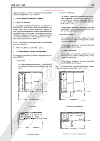 NBR 5410:1997 103
Glossário de termos técnicos
Proibidaareproduçãototalouparcial
Proibidaareproduçãototalouparcial
ções ou subseções anteriores significa que as prescrições
gerais correspondentes são aplicáveis.
9.1 Locais contendo banheira ou chuveiro
9.1.1 Campo de aplicação
As prescrições particulares desta seção são aplicáveis a
banheiras, piso-boxes, boxes e outros compartimentos para
banho, bem como às áreas adjacentes. Nesses lo-
cais o risco de choque elétrico aumenta, devido à redução
da resistência do corpo humano e ao contato com o poten-
cial de terra. Estas prescrições não se aplicam a cabinas
de banho pré-fabricadas e cobertas por normas especí-
ficas, salvo o mencionado em 9.1.4.3.3.
NOTA - Para salas de balneoterapia podem ser necessárias
prescrições especiais.
9.1.2 Determinação das características gerais
9.1.2.1 Classificação dos volumes (ver também 4.3)
As presentes prescrições consideram quatro volumes (ver
figuras 13 e 14):
a) o volume 0
- é o volume interior da banheira, do piso-boxe ou
do rebaixo do boxe (local inundável em uso nor-
mal);
b) o volume 1 é limitado,
- de um lado, pela superfície vertical que circuns-
creve a banheira, o piso-boxe ou o rebaixo do bo-
xe ou, na falta de uma clara delimitação do boxe,
por uma superfície vertical situada 0,6 m ao redor
do chuveiro ou ducha e,
- por outro lado, pelo piso e pelo plano horizontal
situado a 2,25 m acima do fundo da banheira, do
piso do boxe ou do piso do banheiro;
c) o volume 2 é limitado,
- de um lado, pela superfície vertical externa do
volume 1 e uma superfície vertical paralela situada
a 0,60 m do volume 1 e,
- por outro lado, pelo piso e pelo plano horizontal
situado a 2,25 m acima do piso;
d) o volume 3 é limitado,
- de um lado, pela superfície vertical externa do
volume 2 e uma superfície vertical paralela situada
a 2,40 m do volume 2 e,
- por outro lado, pelo piso e pelo plano horizontal
situado a 2,25 m acima do piso.
NOTA - As dimensões são medidas considerando-se paredes
e divisórias fixas (ver figuras 13-(b), 13-(d) e 13-(f)).
a) Banheira b) Banheira com parede fixa
d) Chuveiro ou ducha com parede fixac) Chuveiro ou ducha
 